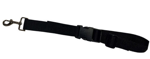 Black strap with a metal clip for attaching to a pet's body harness, with a plastic buckle for quick release