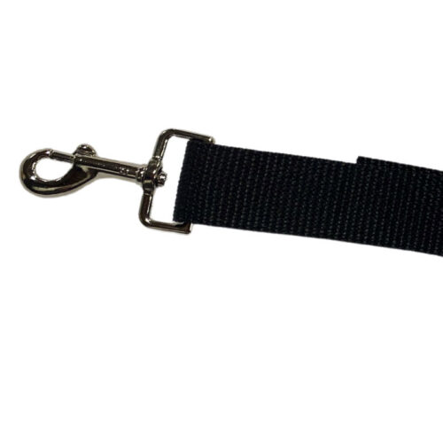 Closeup photo of the strap's metal trigger clip for attaching to pet's body harness