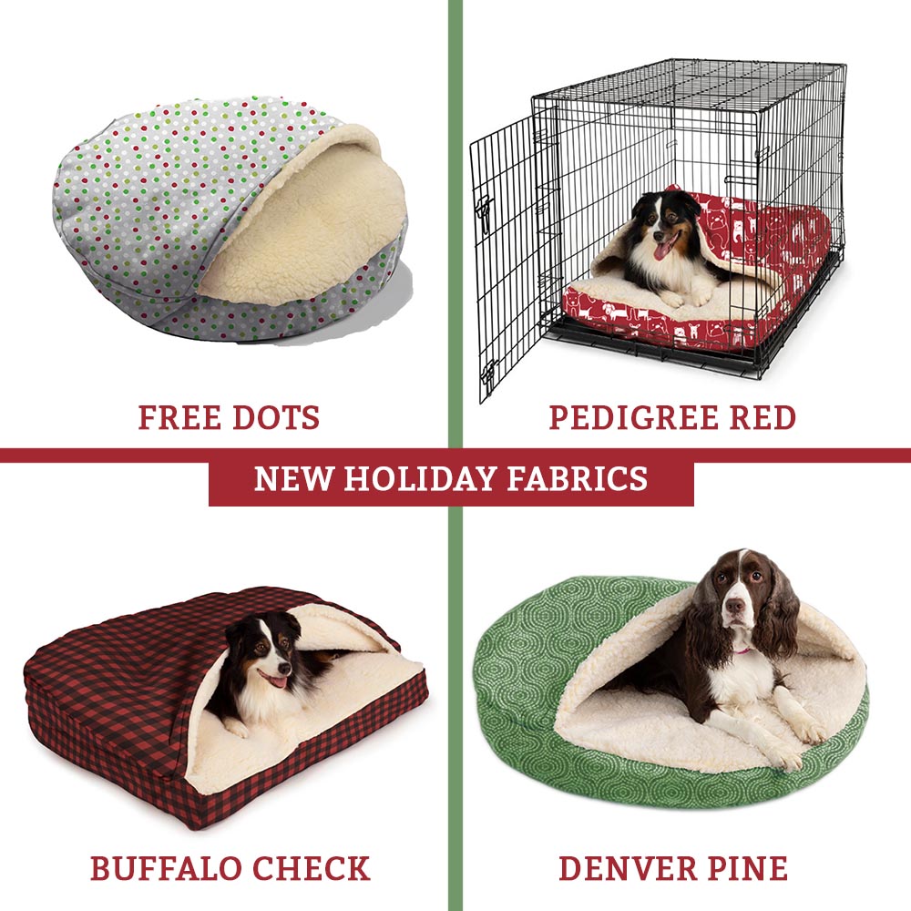 New Holiday Fabrics! Featuring Free Dots, Pedigree Red, Buffalo Check, and Denver Pine designs.