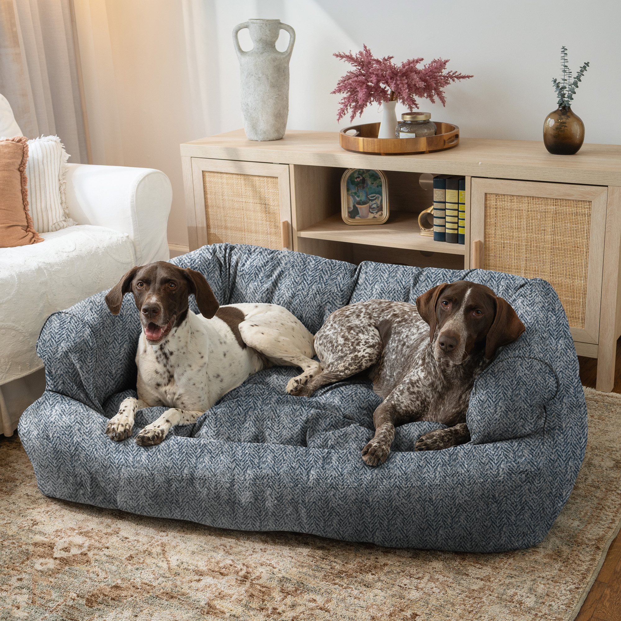 Two dogs on an Overstuffed Sofa in Palmer Indigo