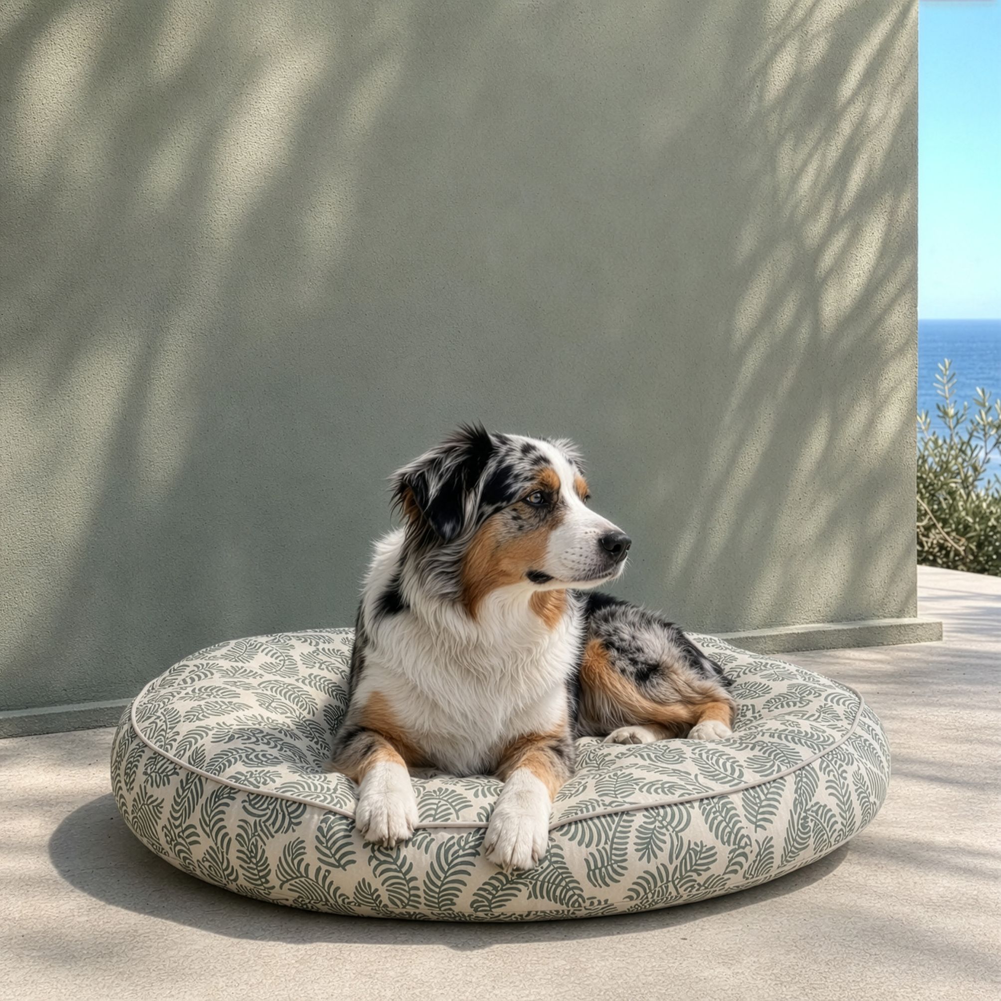 Australian Shepherd lounging on a Pool & Patio Round Bed in Presley Mirage